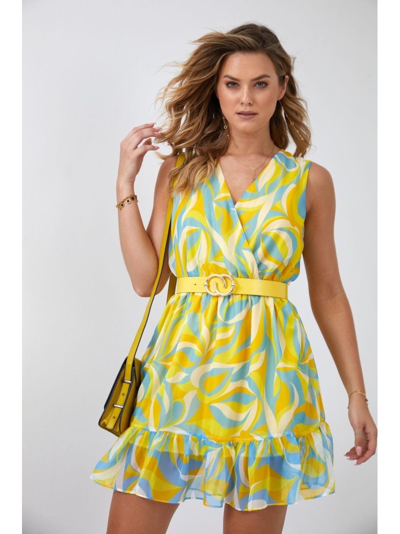 Light patterned dress with a belt, blue and yellow 03040 - Online store - Boutique